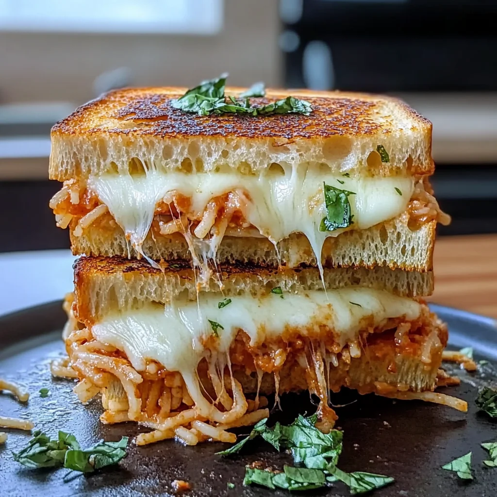 Recipe preparation for Spaghetti Grilled Cheese Sandwich