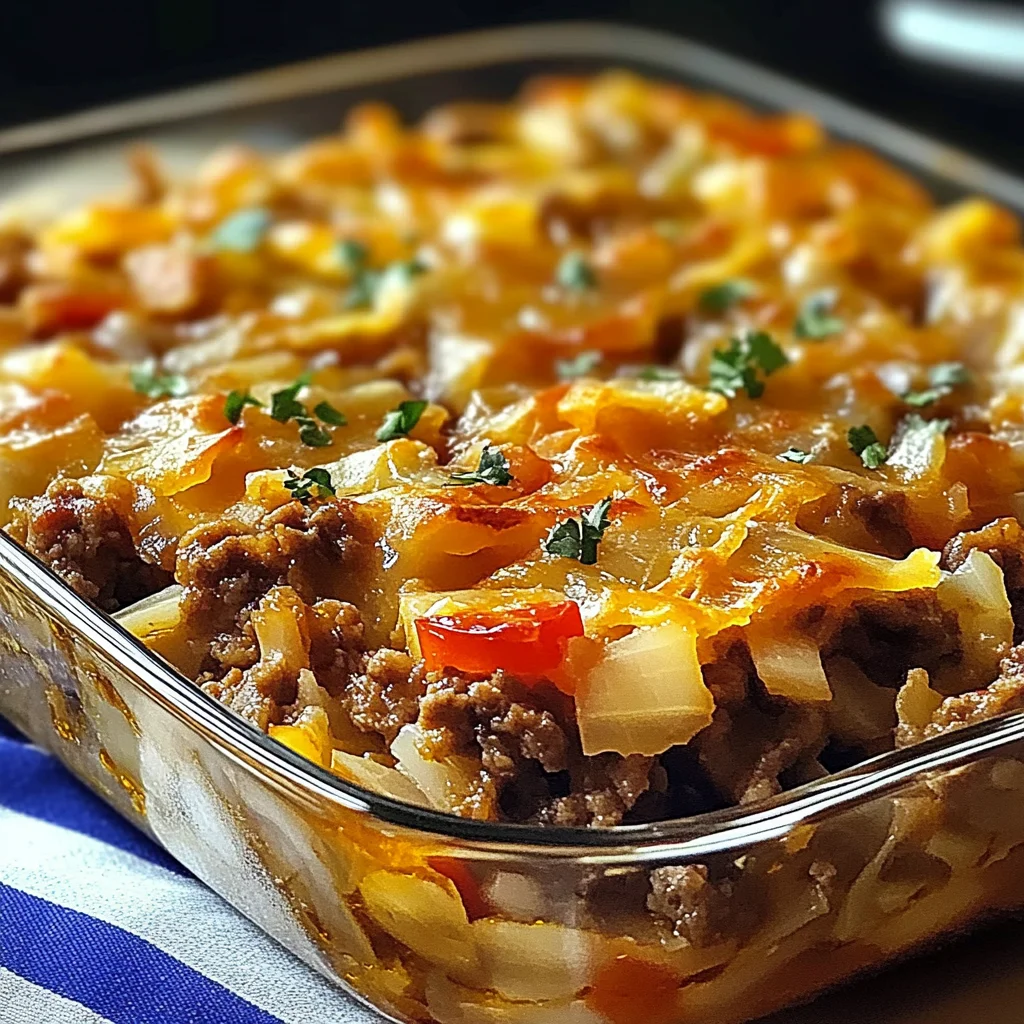 Recipe preparation for Savory Cabbage Beef Bake