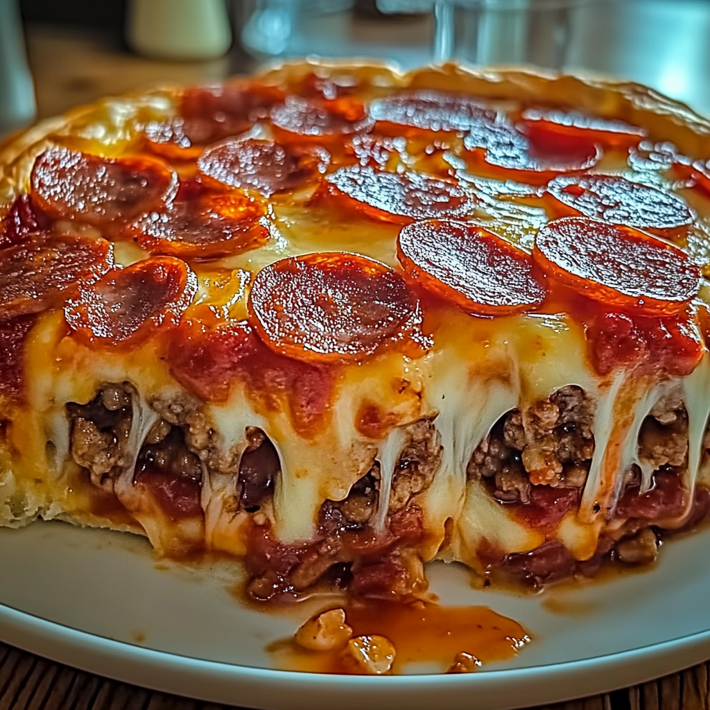 Recipe preparation for Deep Hamburger Sausage Pepperoni Pie