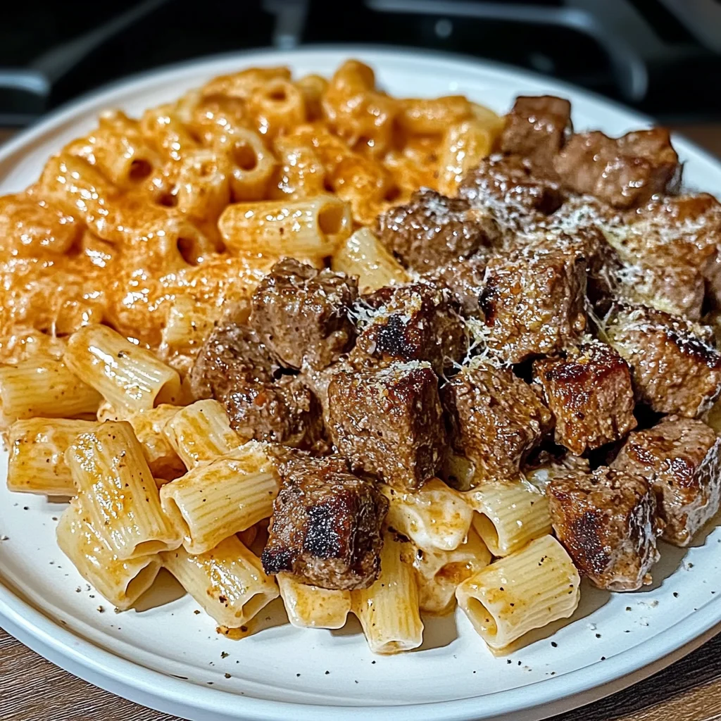 Recipe preparation for Cajun Steak Cheesy Rigatoni Parmesan