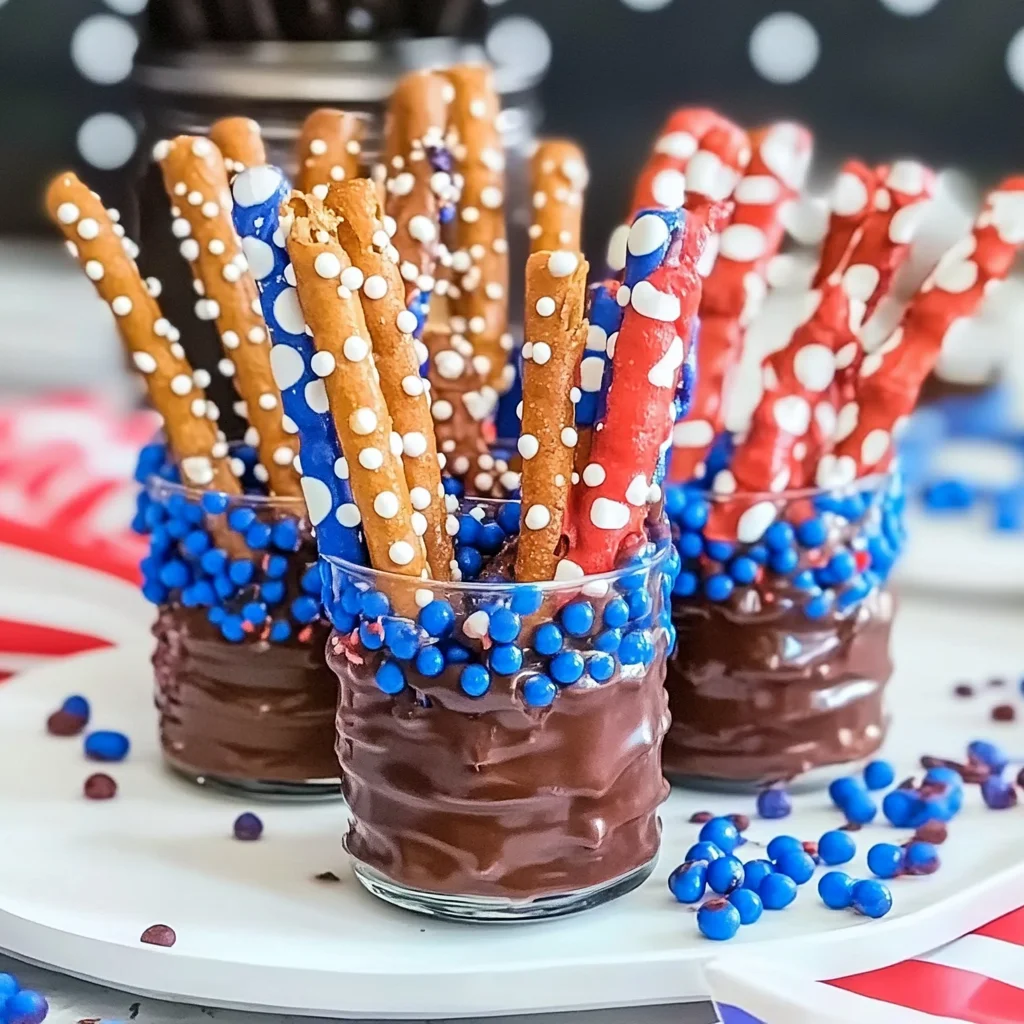 Recipe preparation for 4th of July Chocolate Covered Pretzel Rods