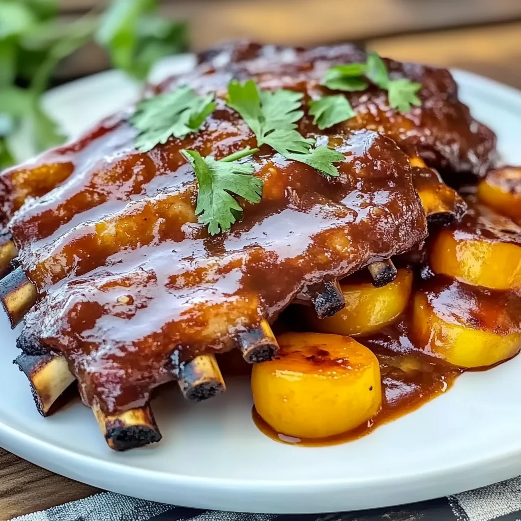 Recipe preparation for Baby Back Ribs with Balsamic-Peach BBQ Sauce
