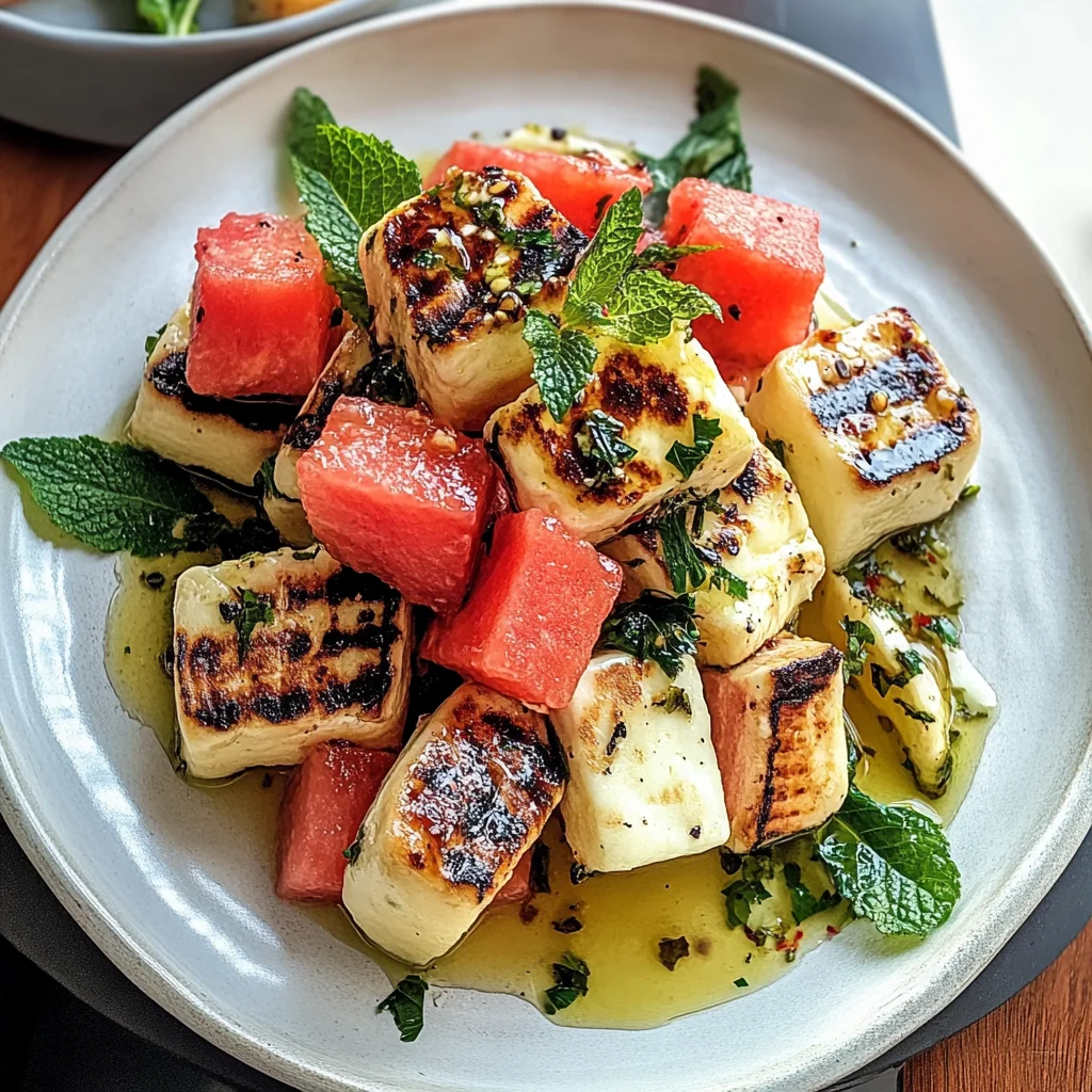 Recipe preparation for Grilled Halloumi Watermelon Salad