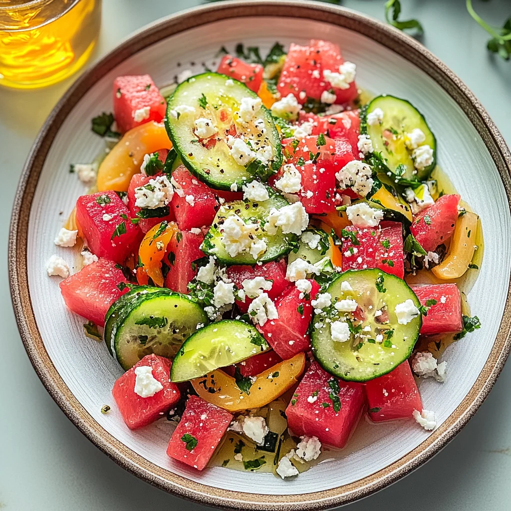 Recipe preparation for Watermelon Salad with Cucumber and Feta