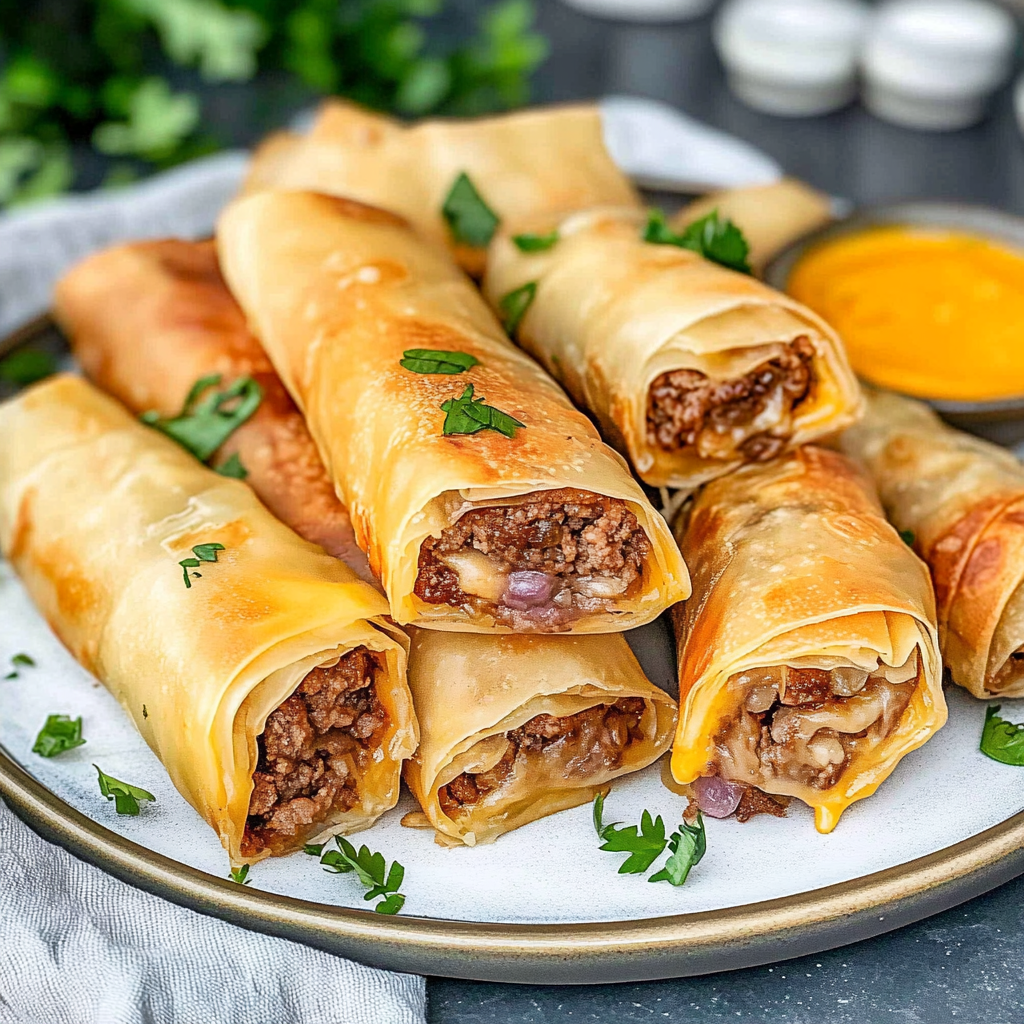 Recipe preparation for Cheeseburger Egg Rolls Perfection