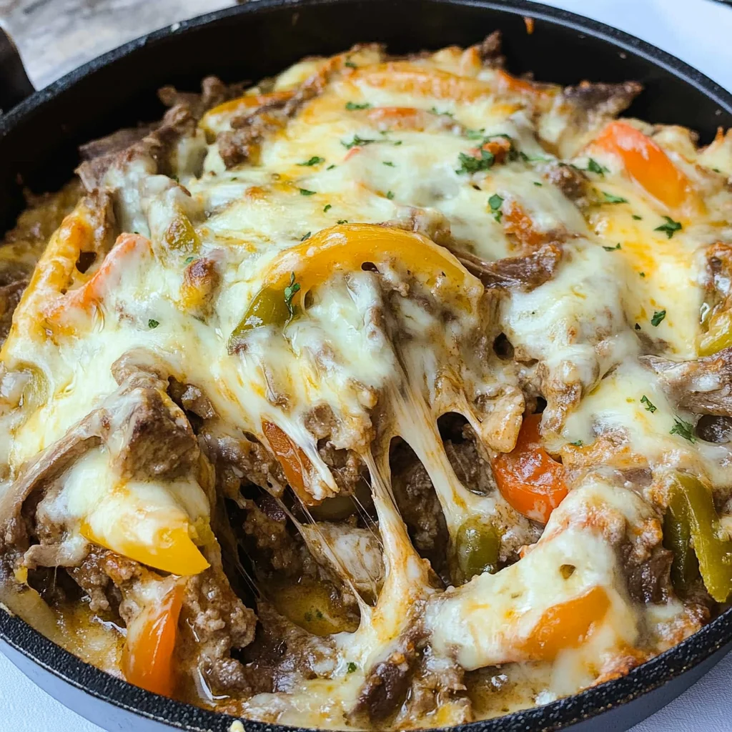 Recipe preparation for Keto Philly Cheesesteak Casserole