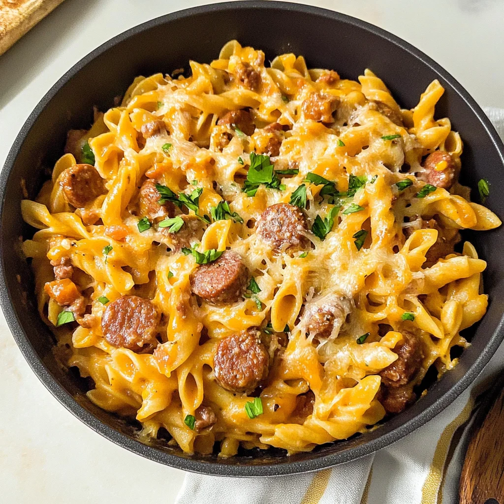 Recipe preparation for One Pot Smoked Sausage Pasta!