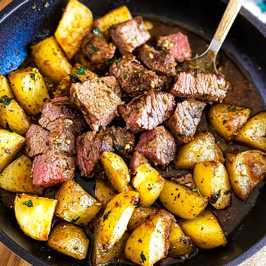 Recipe preparation for Garlic Butter Steak and Potatoes