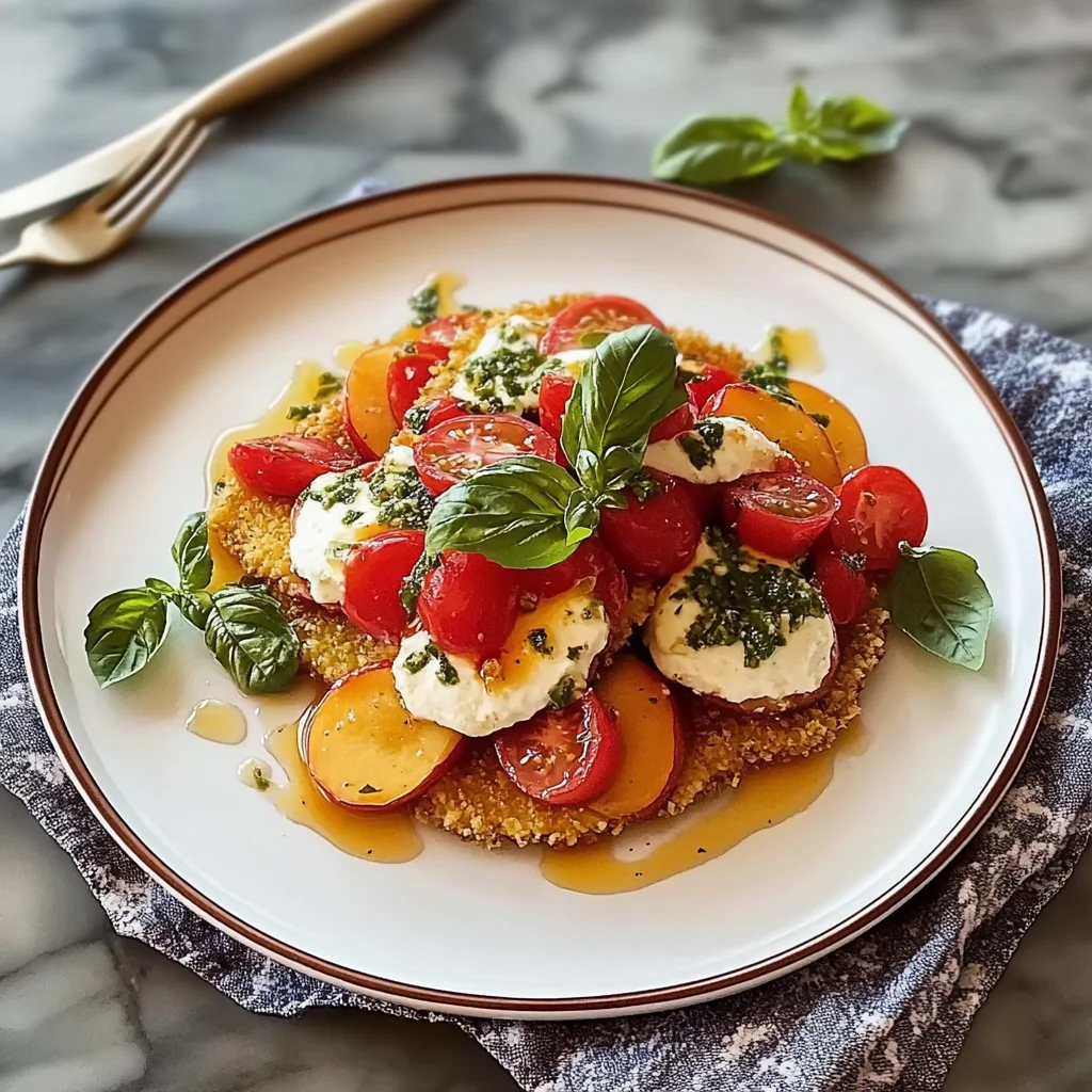 Recipe preparation for Corn Fritter Caprese with Peaches and Tomatoes