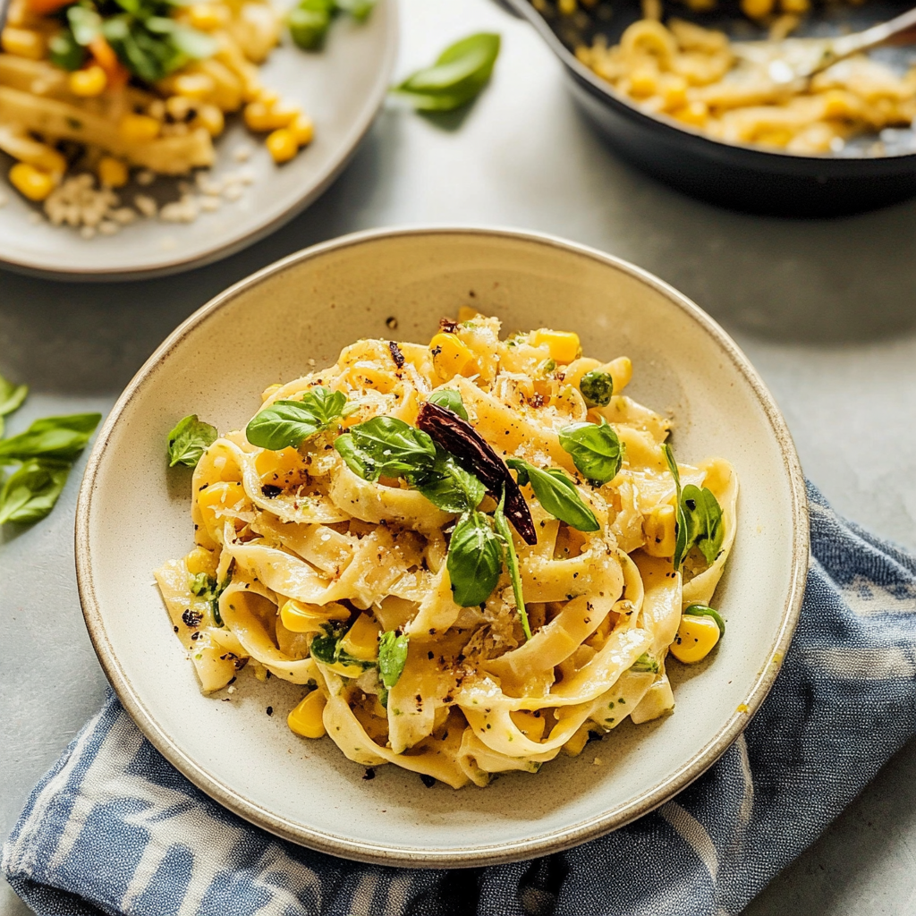 Recipe preparation for Decadent Corn Pesto Pasta