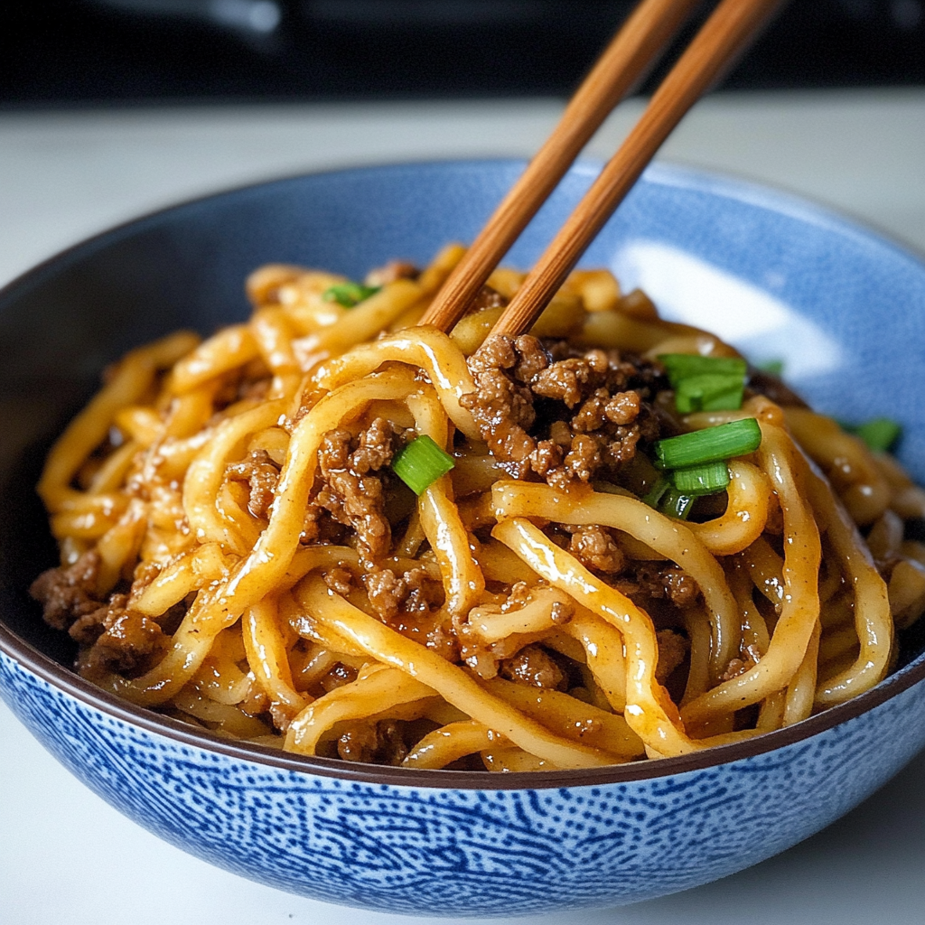 Recipe preparation for Ground Beef Mongolian Noodles
