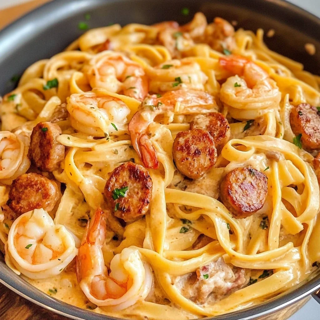 Recipe preparation for Cajun Ranch Shrimp and Sausage Pasta Skillet