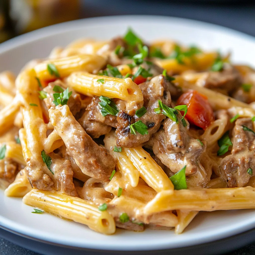 Recipe preparation for Philly Cheesesteak Pasta