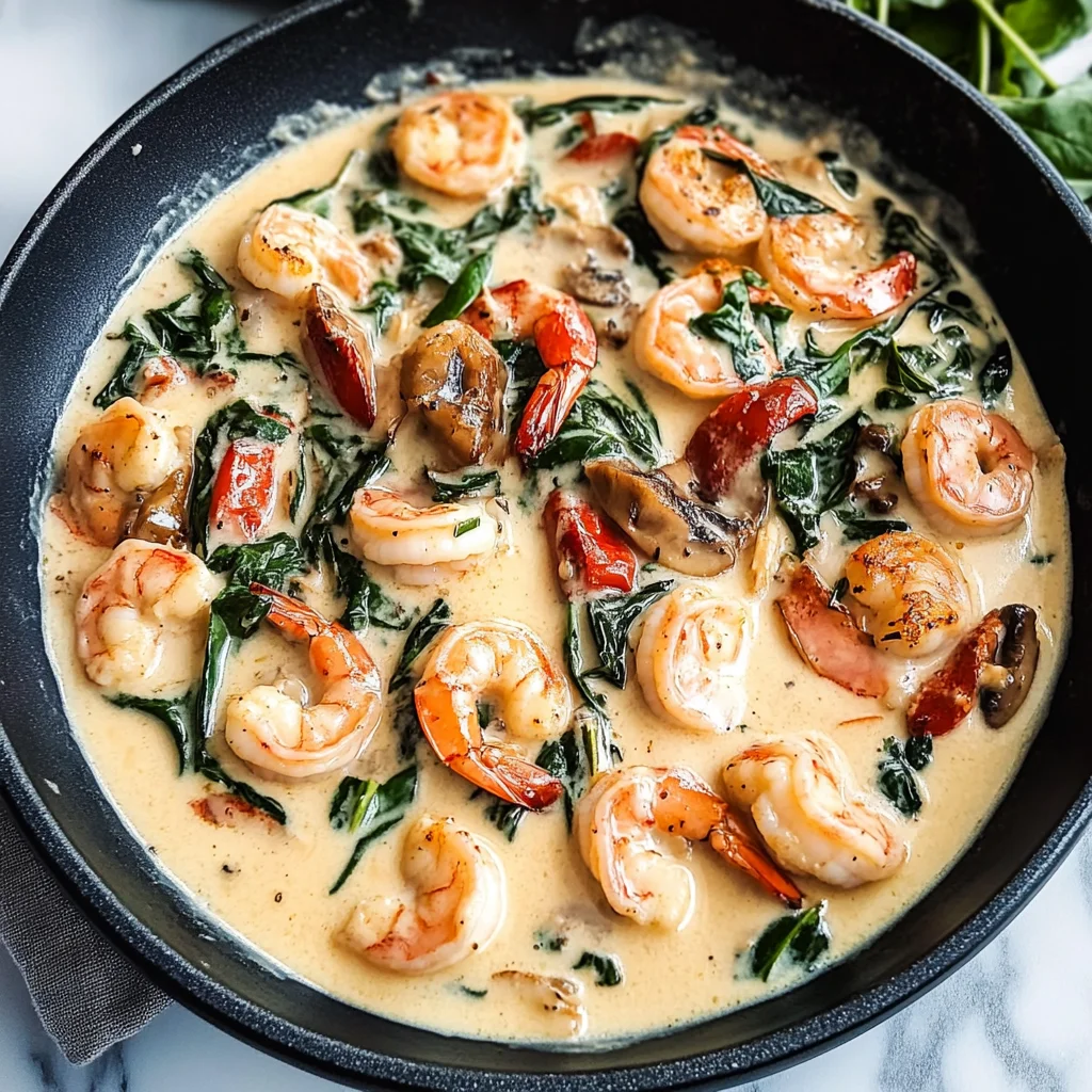 Recipe preparation for Creamy Spinach Mushroom Shrimp