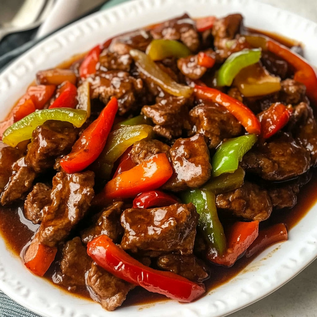 Recipe preparation for Sizzling Beef with Peppers