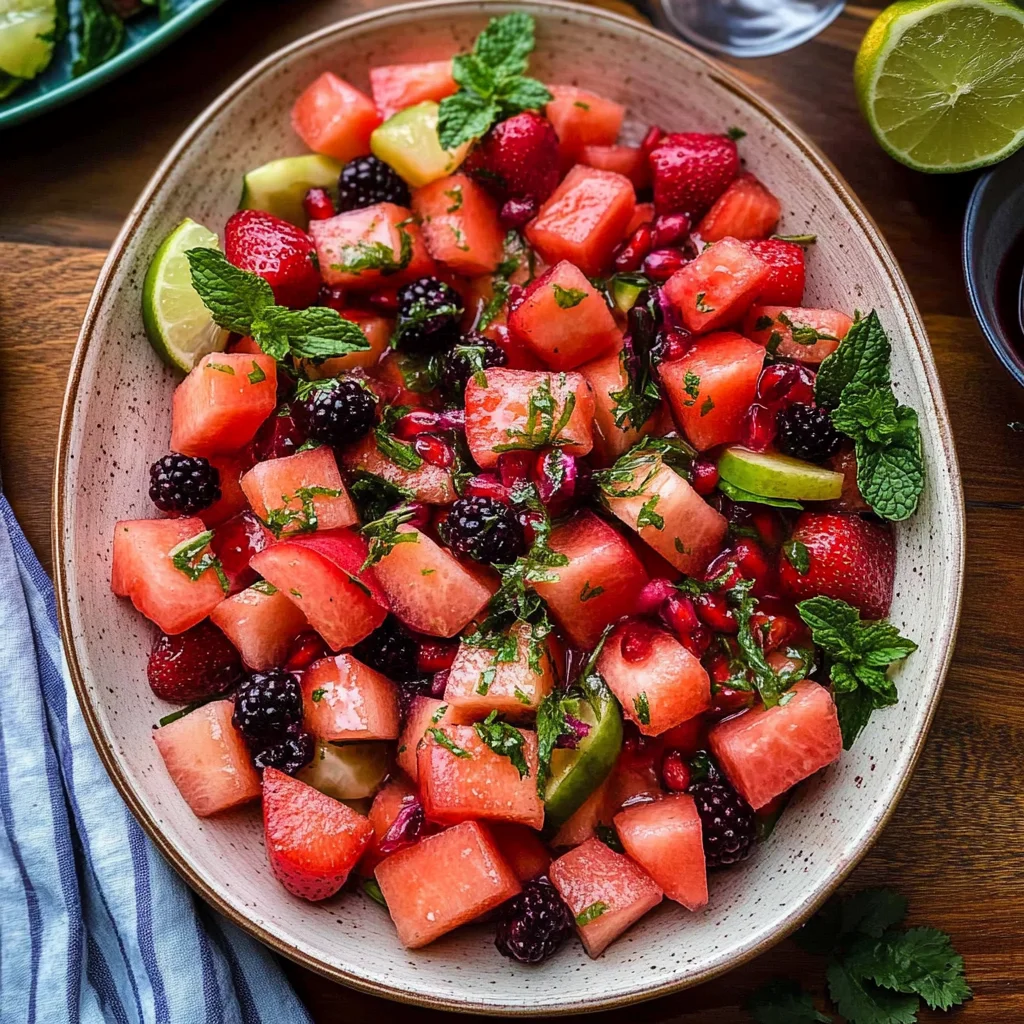 Recipe preparation for Refreshing Watermelon Fruit Salad with Lime Mint Dressing
