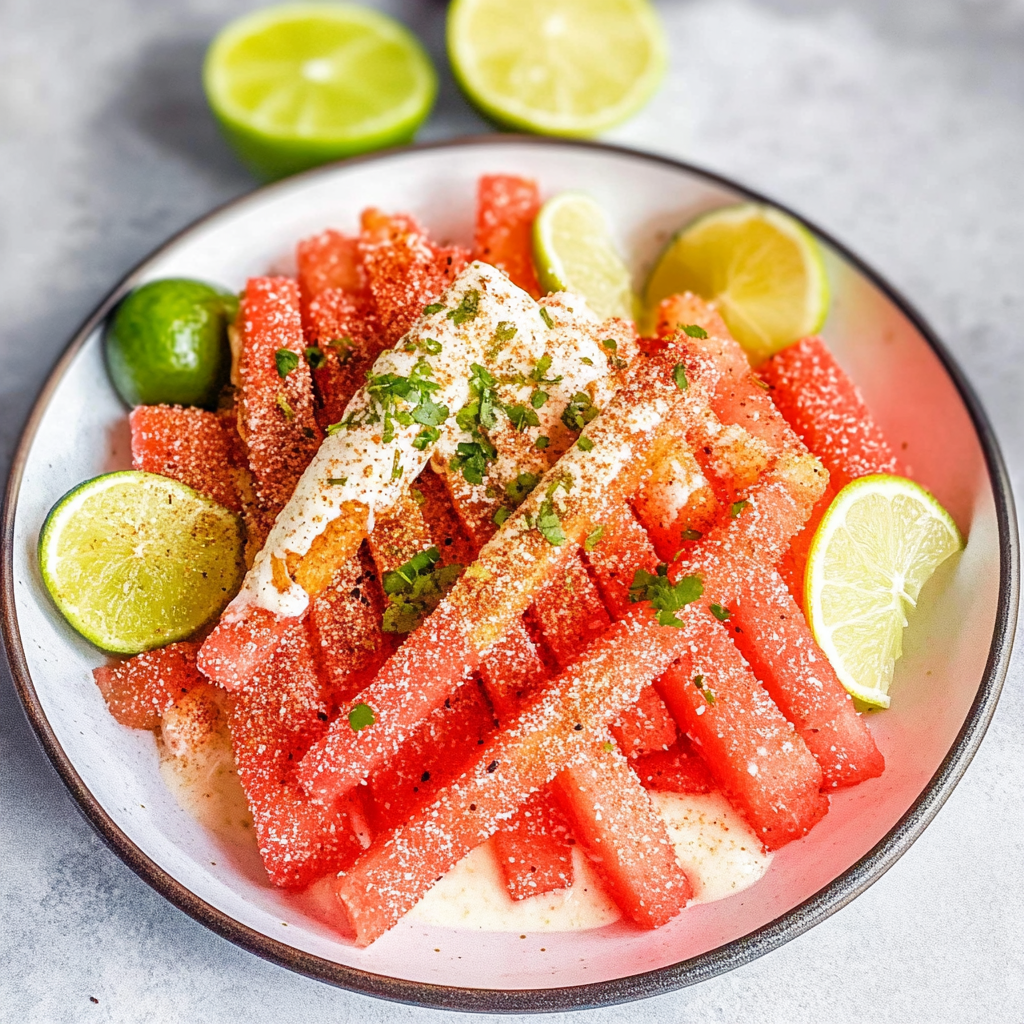 Recipe preparation for Watermelon Fries with Coconut Lime Dip