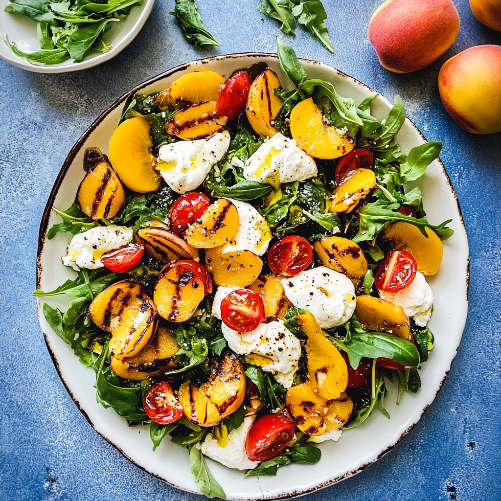 Recipe preparation for Peach Burrata Salad with Champagne Vinaigrette