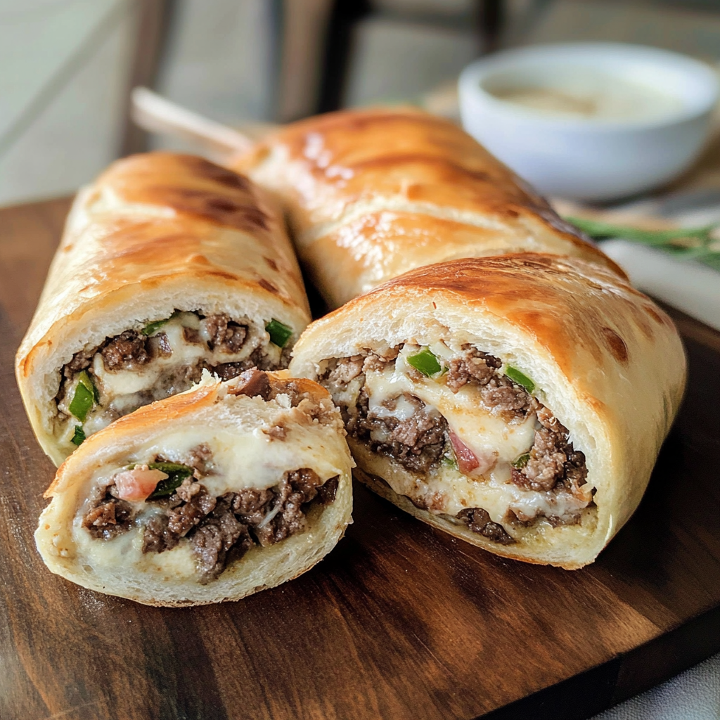Recipe preparation for Mozzarella Cheesesteak Stromboli