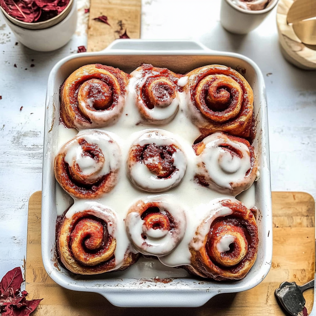 Recipe preparation for Red Velvet Cinnamon Rolls with Cream Cheese Frosting
