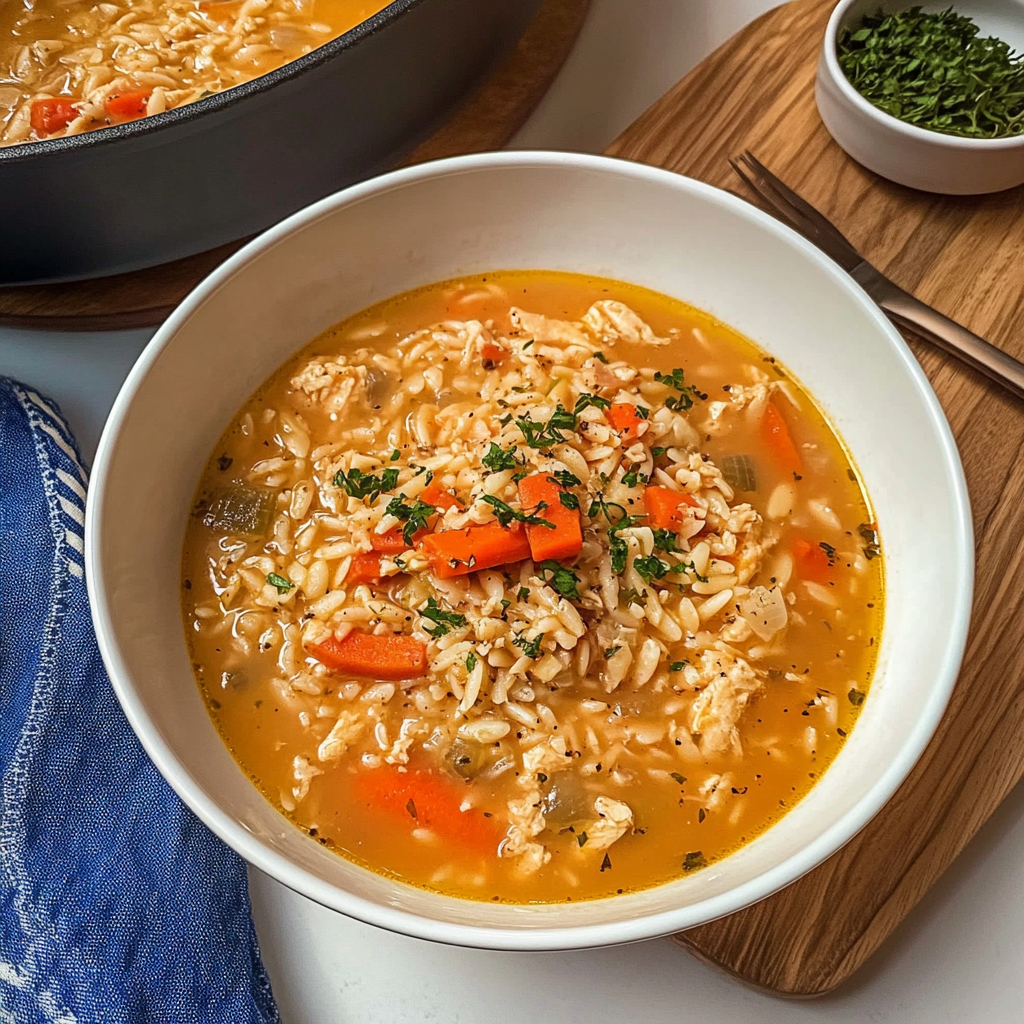Recipe preparation for Chicken and Orzo Soup with Garlic and Paprika