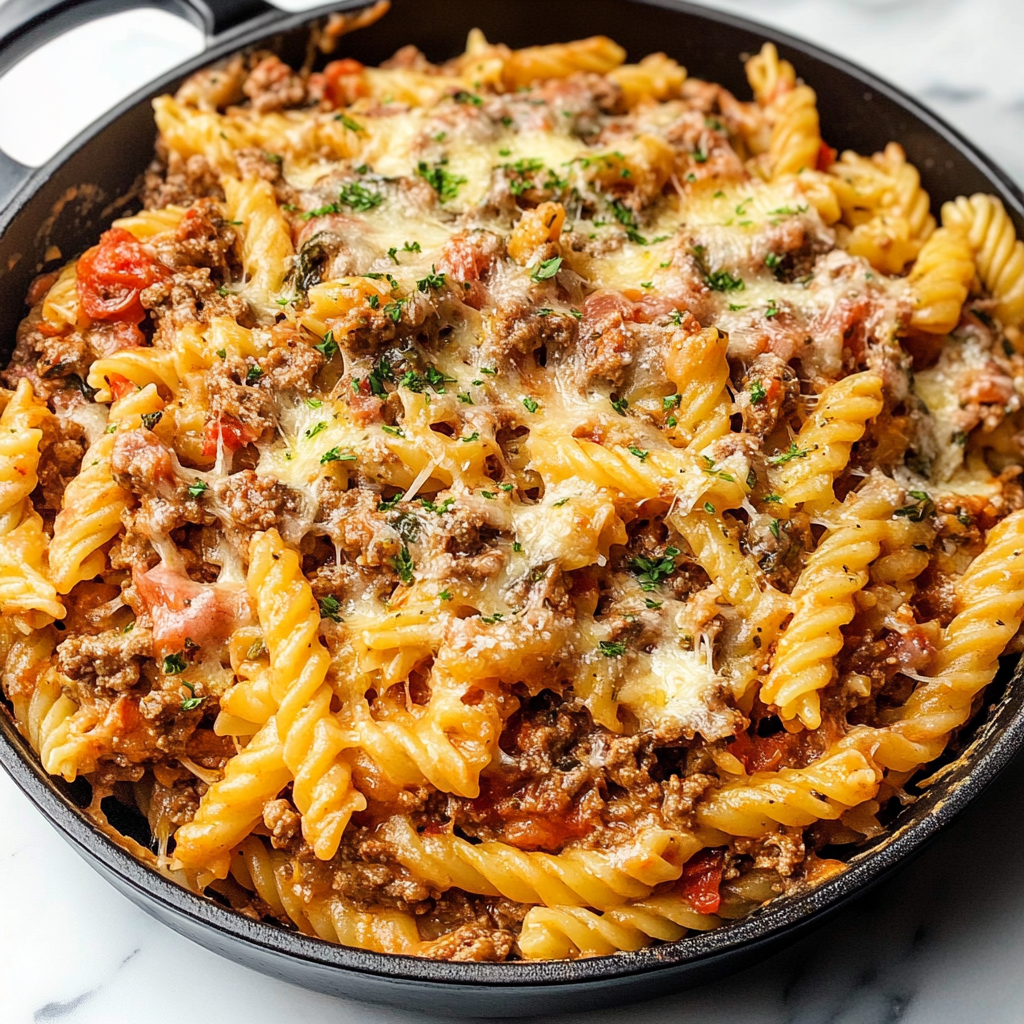 Recipe preparation for Cheesy Rotini Pasta with Garlic Butter Sauce and Ground Beef