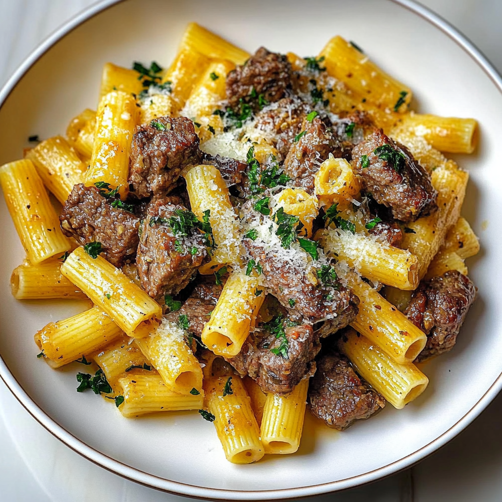 Recipe preparation for Cheesy Cajun Steak Tips Penne Recipe