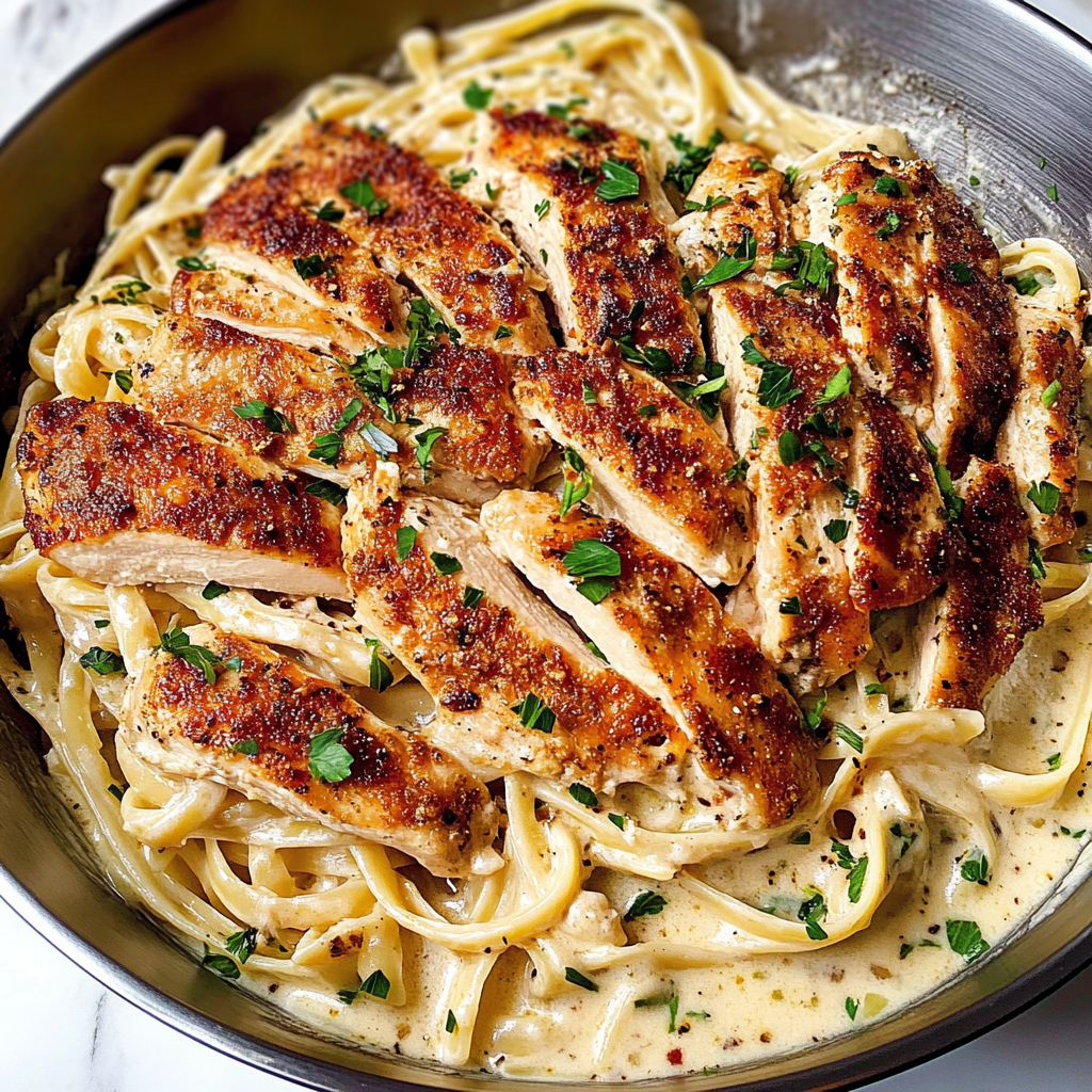 Recipe preparation for Creamy Garlic Butter Chicken & Linguine in Alfredo Sauce