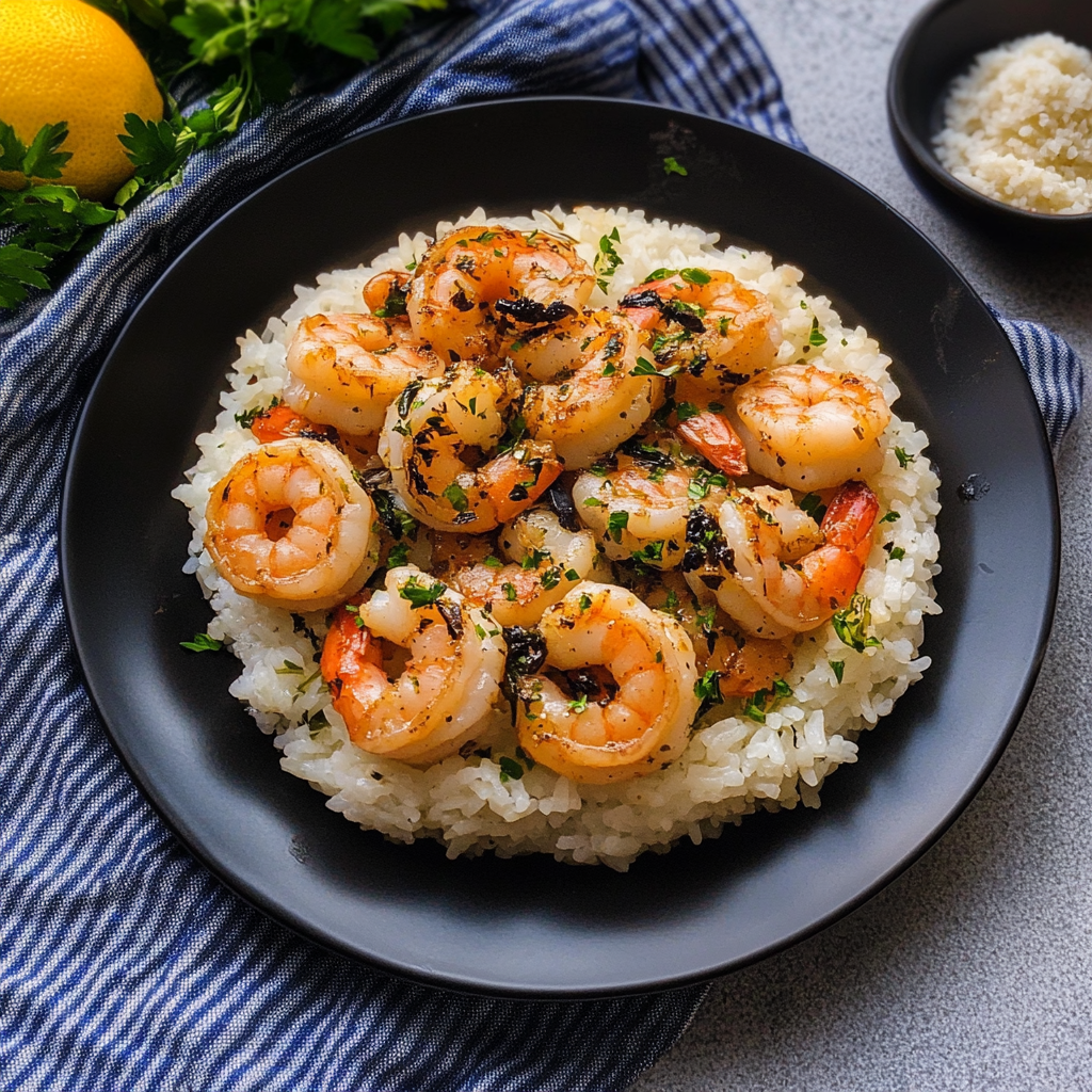 Recipe preparation for Garlic Butter Shrimp Bowl Recipe with Creamy Herb Rice
