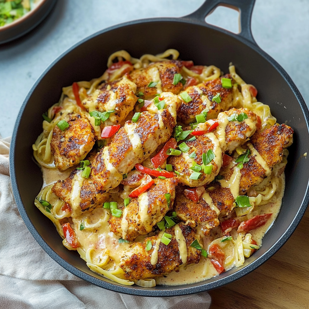 Recipe preparation for Lemon Pepper Chicken Bites & Roasted Red Pepper Cajun Alfredo Twists