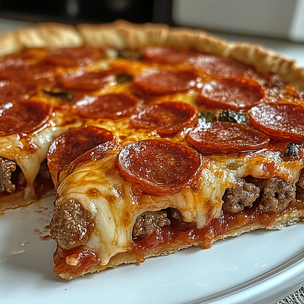 Recipe preparation for Deep Hamburger Sausage & Pepperoni Pie