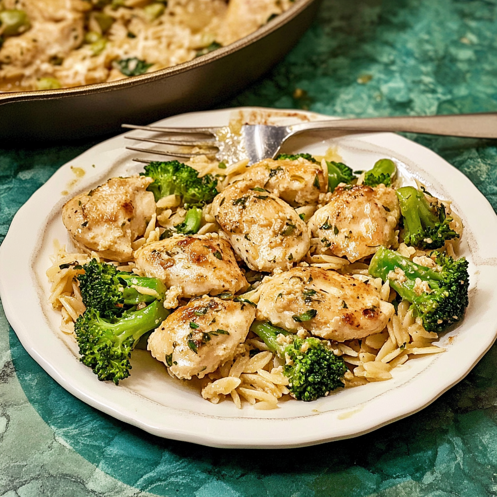 Recipe preparation for Easy Garlic-Parmesan Chicken Bites with orzo and Broccolini