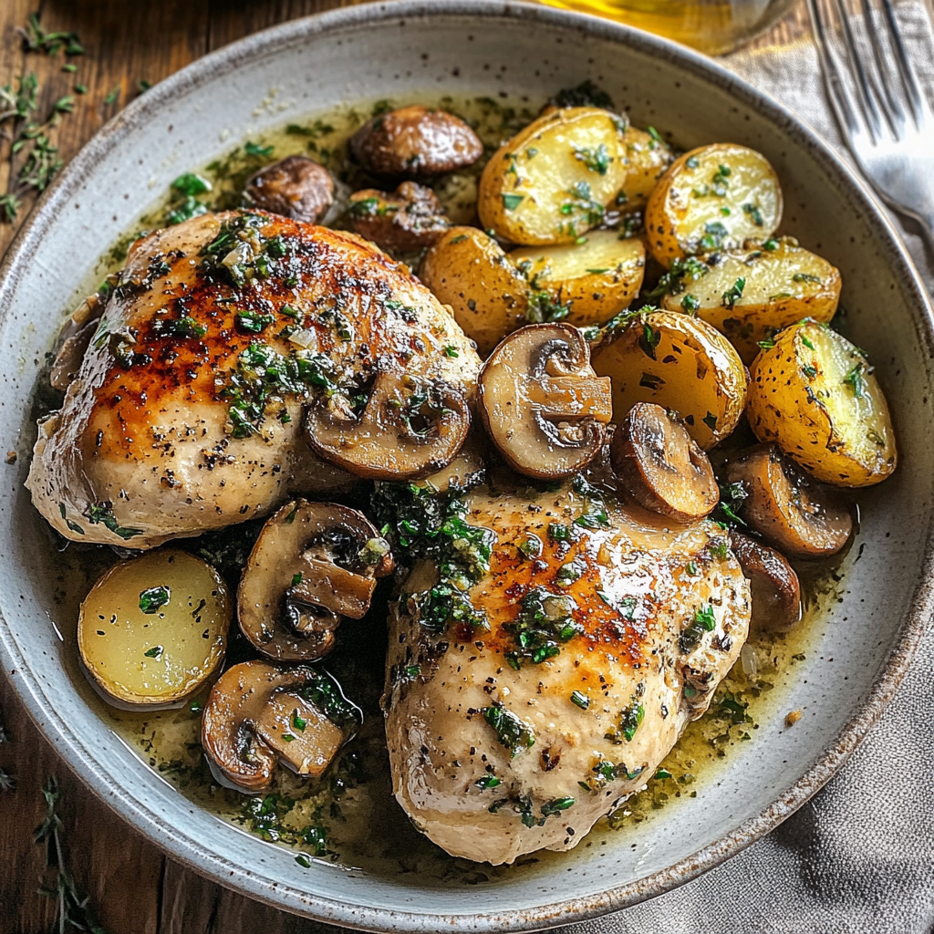 Recipe preparation for Garlic Chicken with Sage Potatoes & Mushroom Basil Pesto Cream