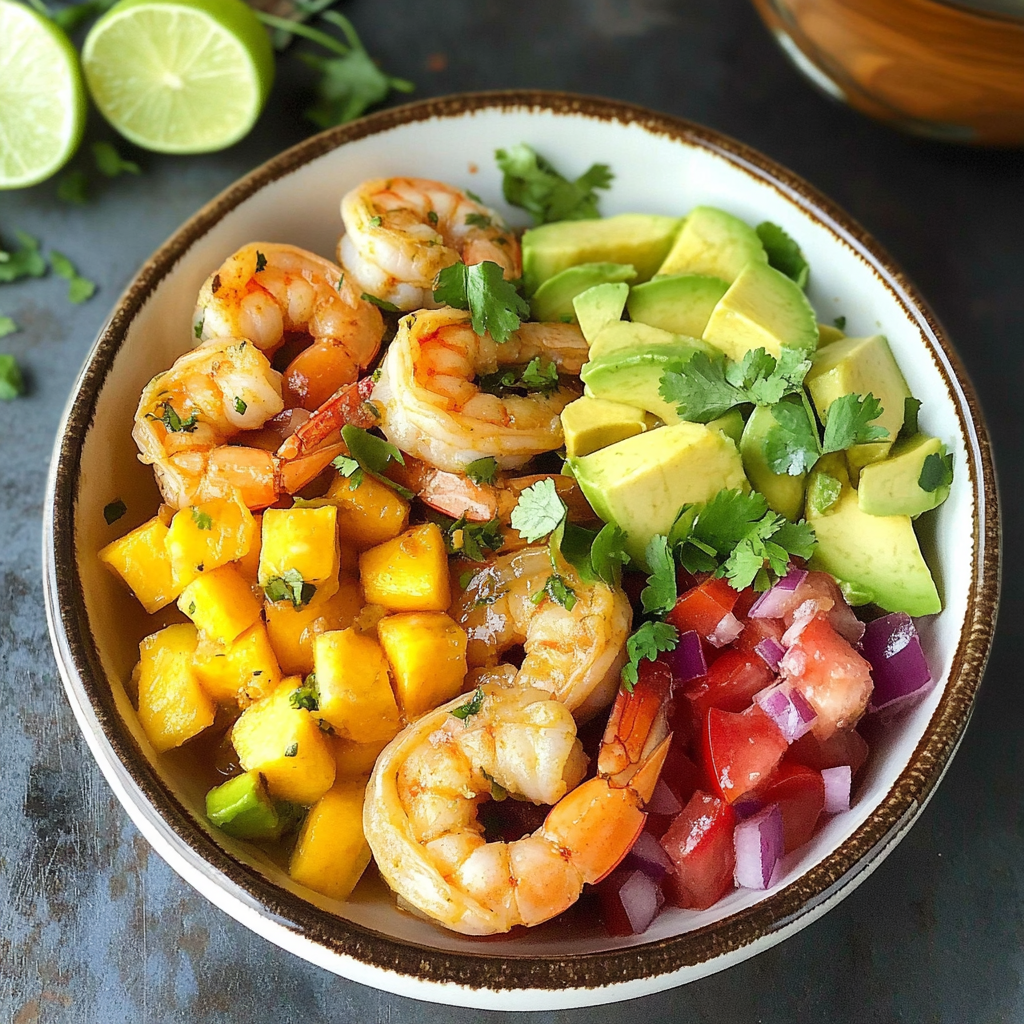 Recipe preparation for Shrimp and Avocado Bowls with Mango Salsa & Lime-Chili Sauce