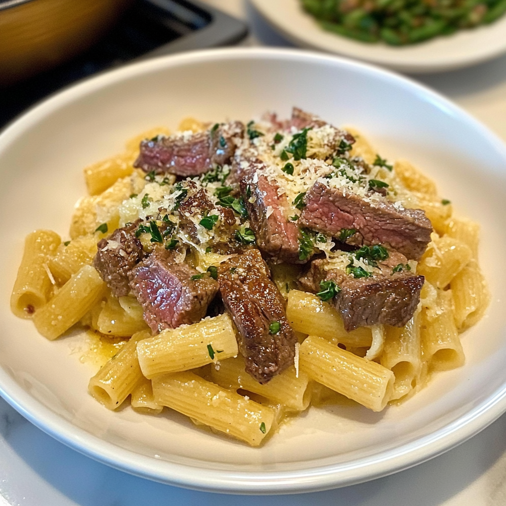 Recipe preparation for Garlic Steak Pasta Recipe