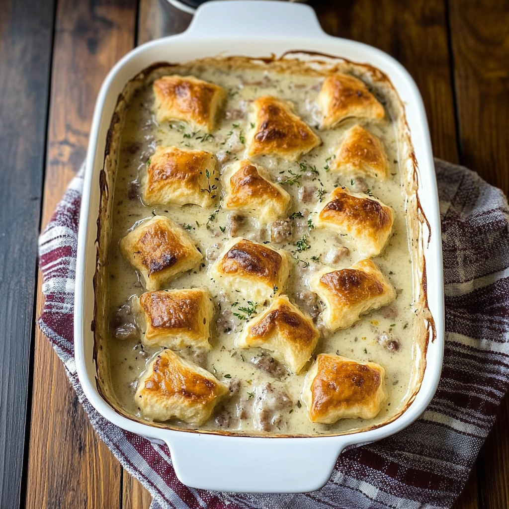 Recipe preparation for Biscuits and Gravy Casserole