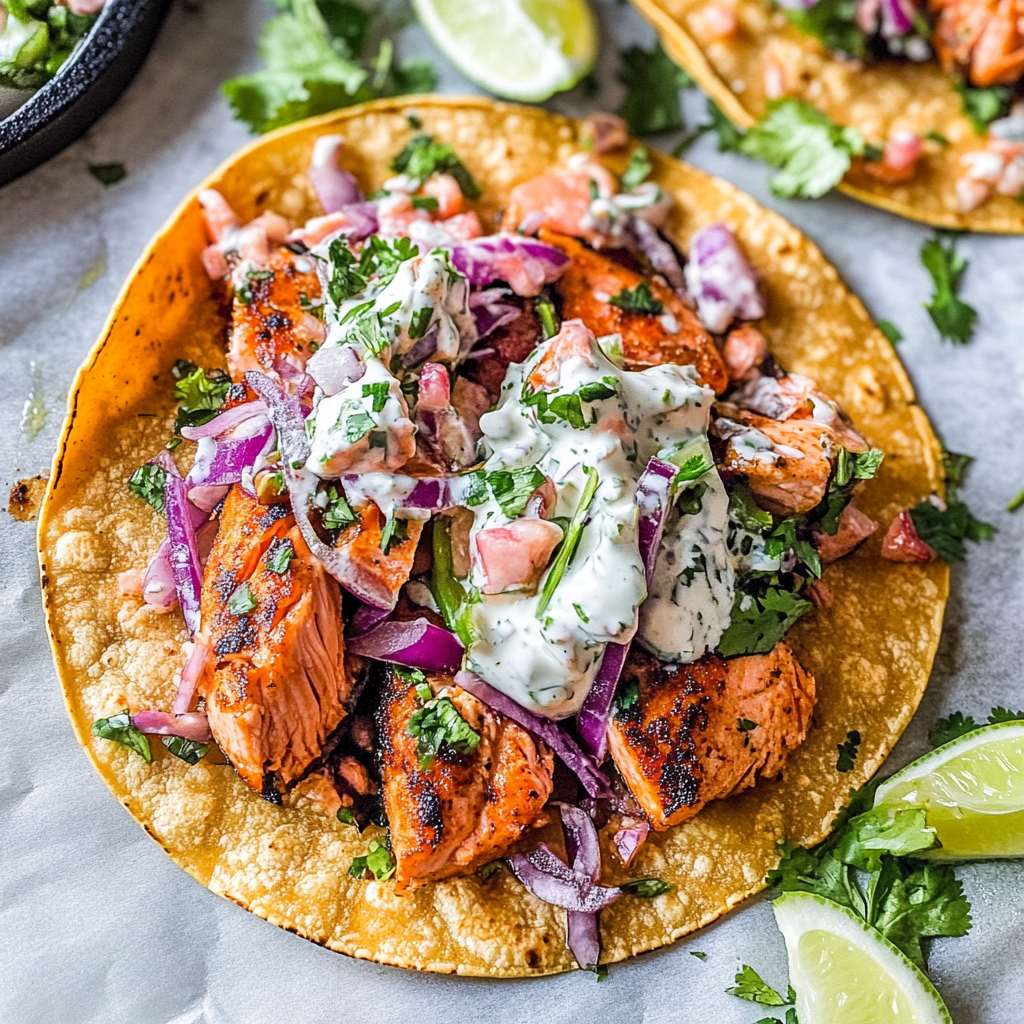 Recipe preparation for Delicious Salmon Tacos Recipe with Tangy Dill Yogurt Sauce