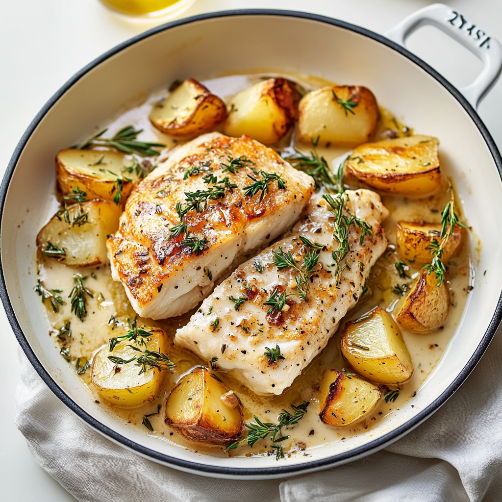 Recipe preparation for Cod & Potatoes in Rosemary Cream Sauce