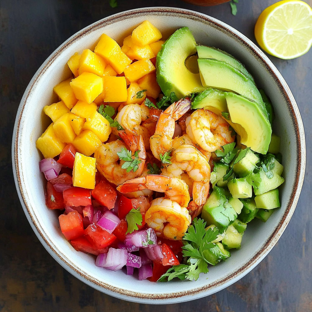 Recipe preparation for Shrimp and Avocado Bowls with Mango Salsa & Lime-Chili Sauce