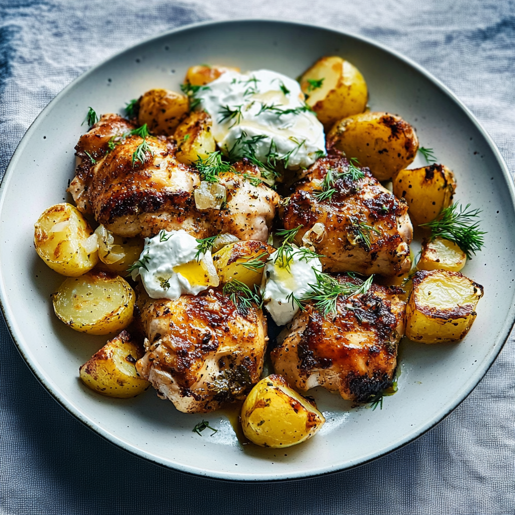 Recipe preparation for Spicy Yogurt Marinated Chicken with Dill Feta Cream & Crispy Baby Potatoes