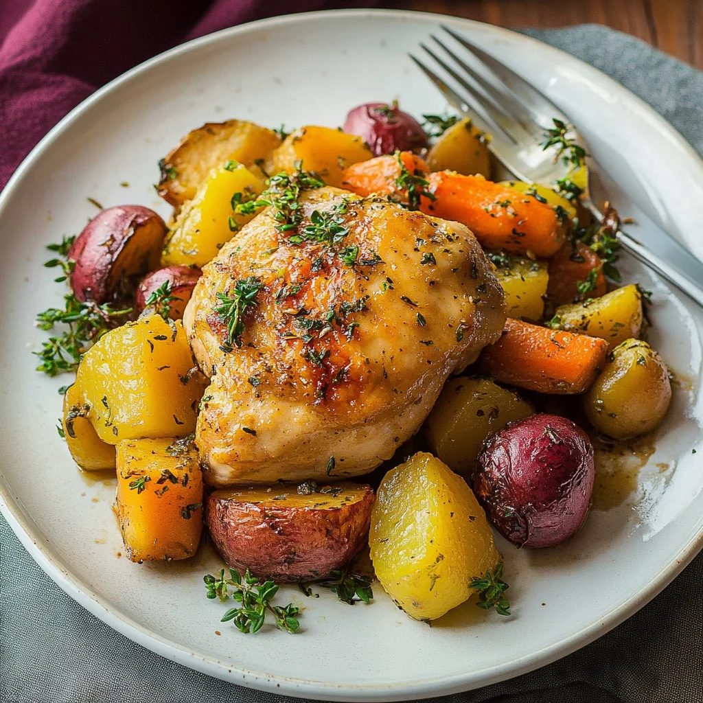 Recipe preparation for one-pan chicken with root vegetables and herbs