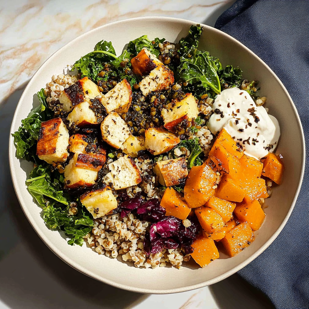 Recipe preparation for harvest grain bowl with roasted squash and kale