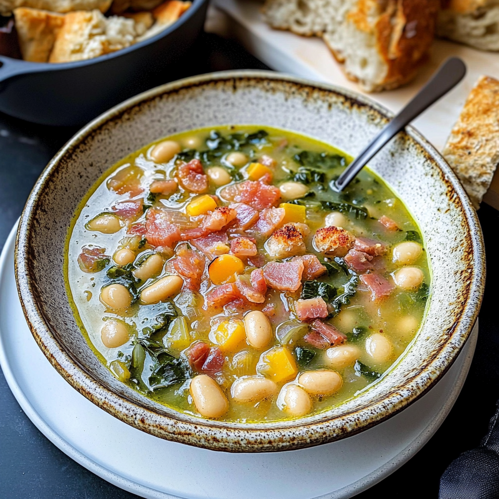 Recipe preparation for Tuscan White Bean Soup with Garlic Confit & Pancetta