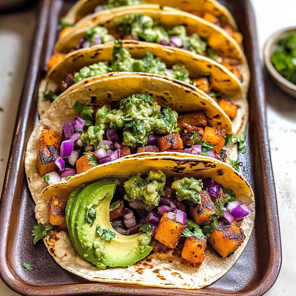 Recipe preparation for Butternut Squash Tacos with Avocado Salsa