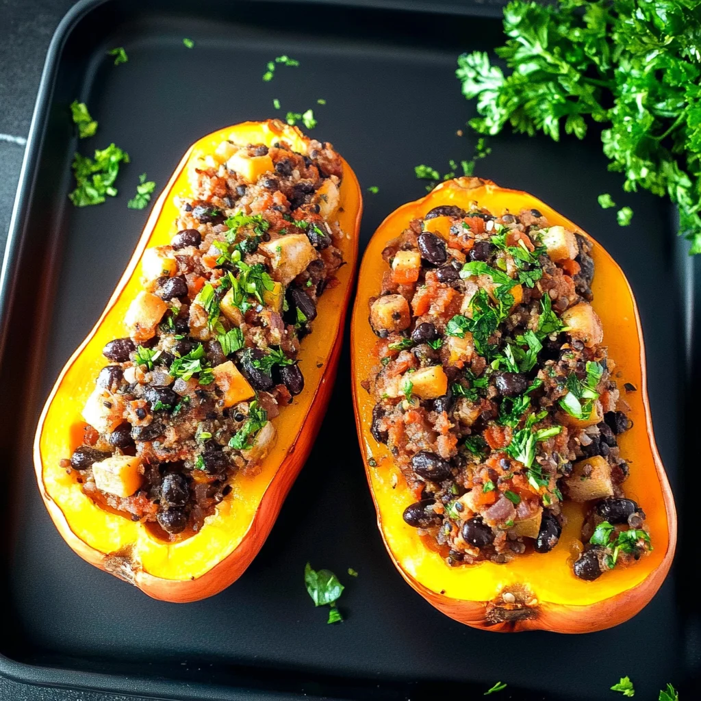Recipe preparation for Stuffed Butternut Squash with Quinoa and Black Beans