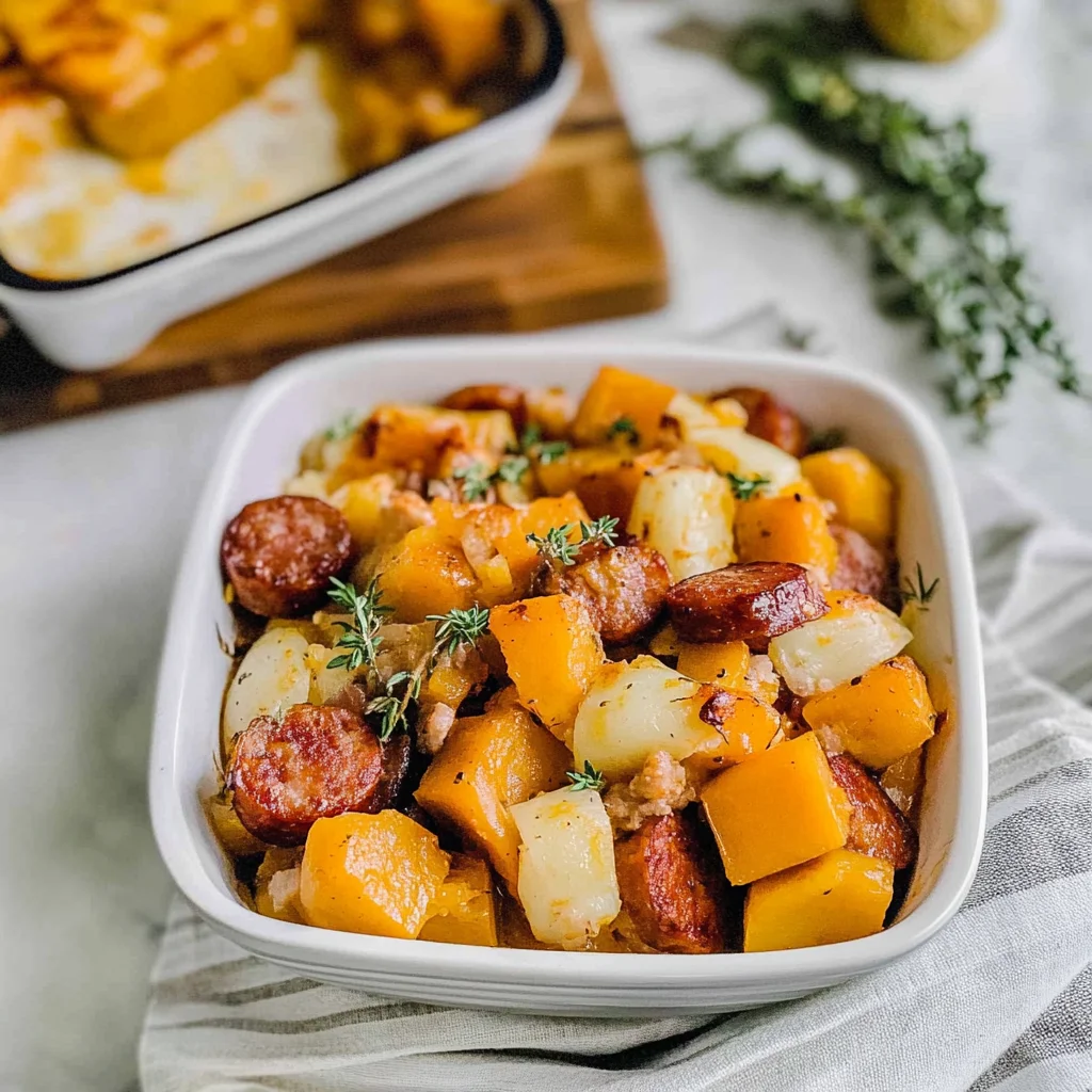 Recipe preparation for Butternut Squash and Sausage Bake