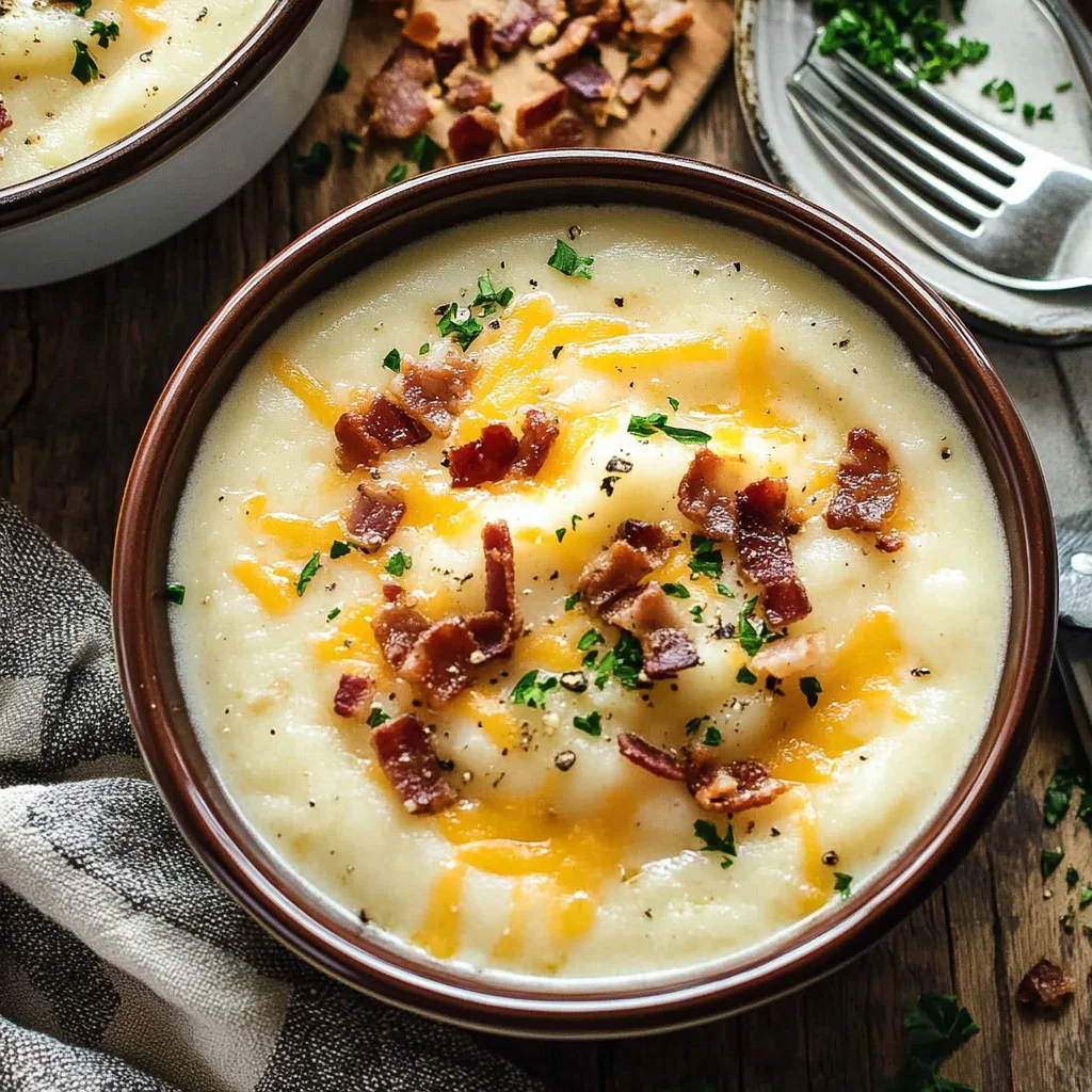 Recipe preparation for Creamy Baked Potato Soup Loaded with Bacon & Cheese