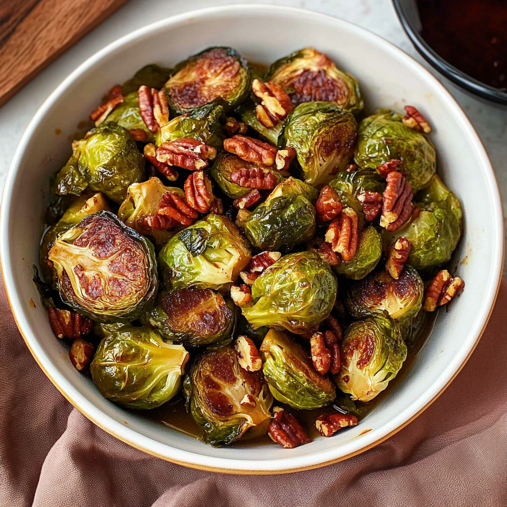 Recipe preparation for Maple Glazed Brussels Sprouts & Pecans