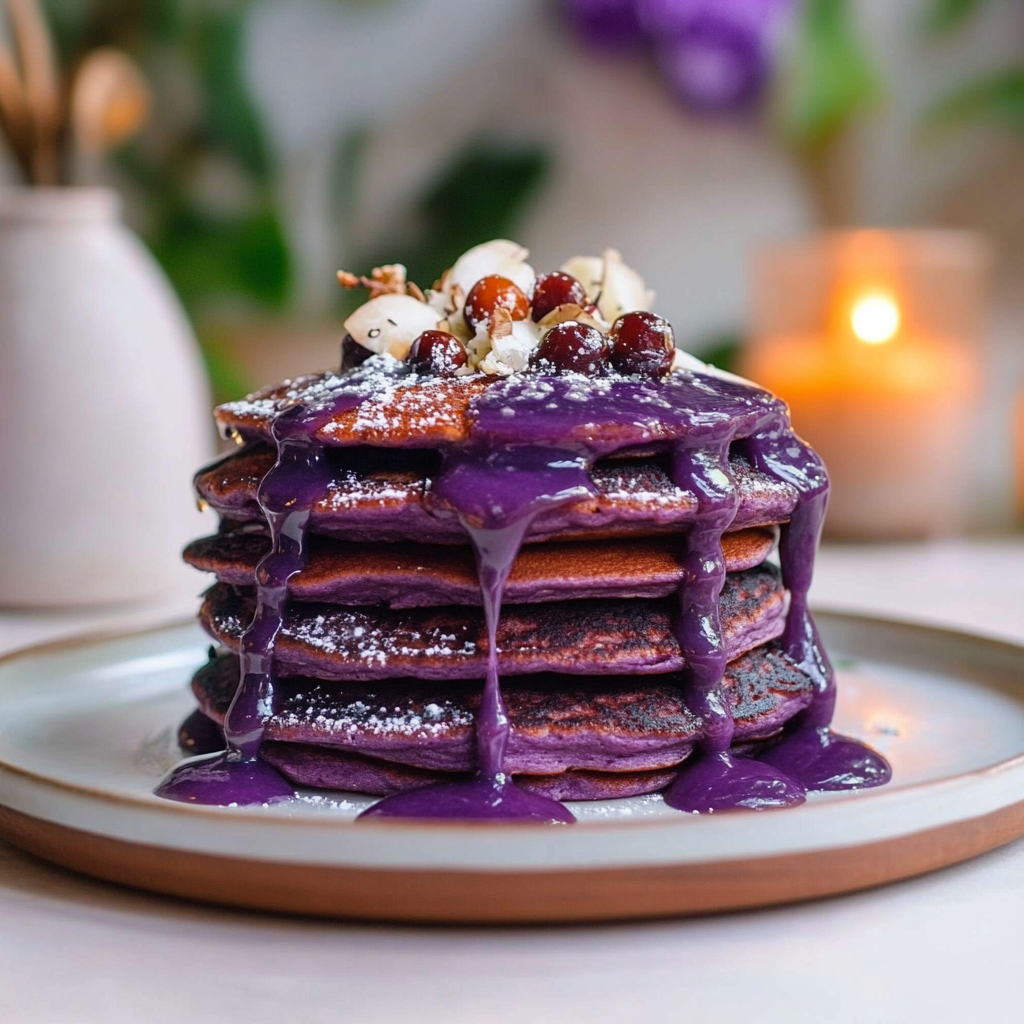 Recipe preparation for Ube Purple Yam Pancakes with Coconut Syrup