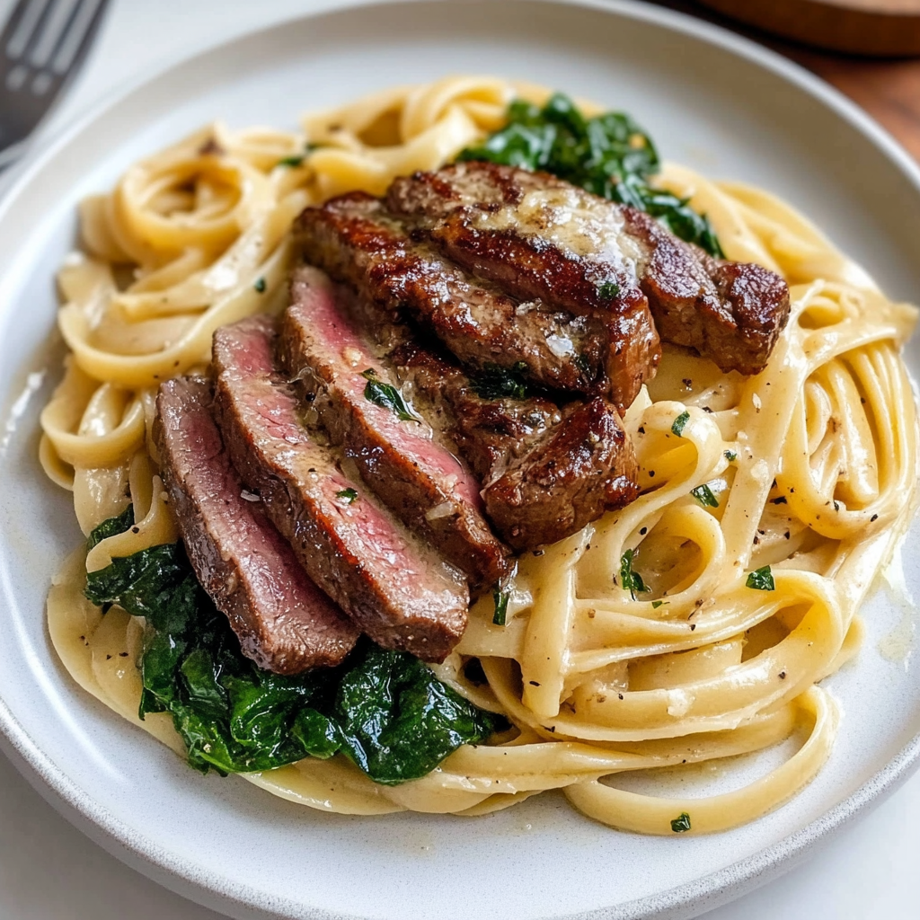 Recipe preparation for Creamy Spicy Garlic Butter Steak and Pasta Recipe